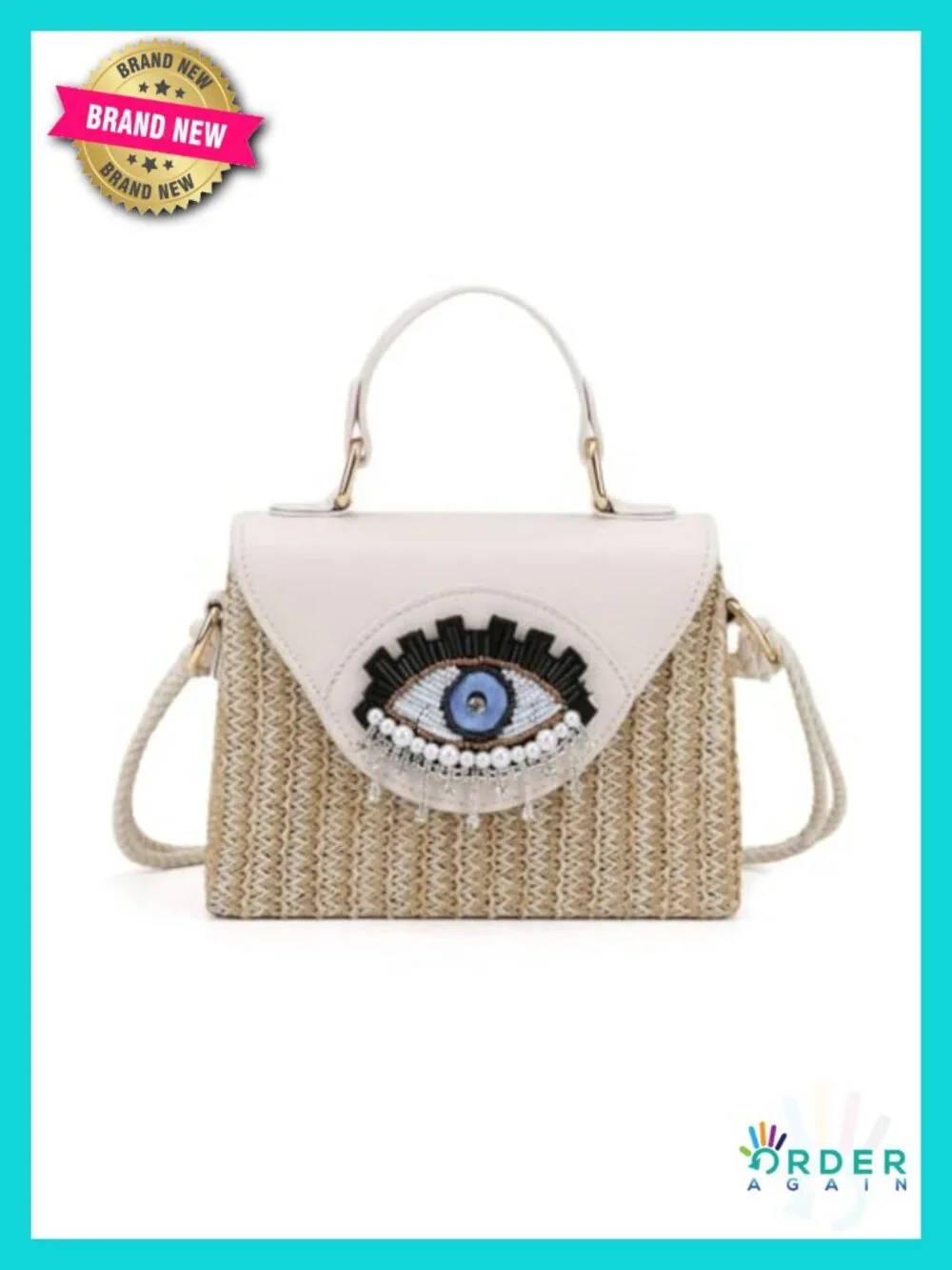 Handmade Boho Straw Crossbody Bag with Evil Eye Embellishment